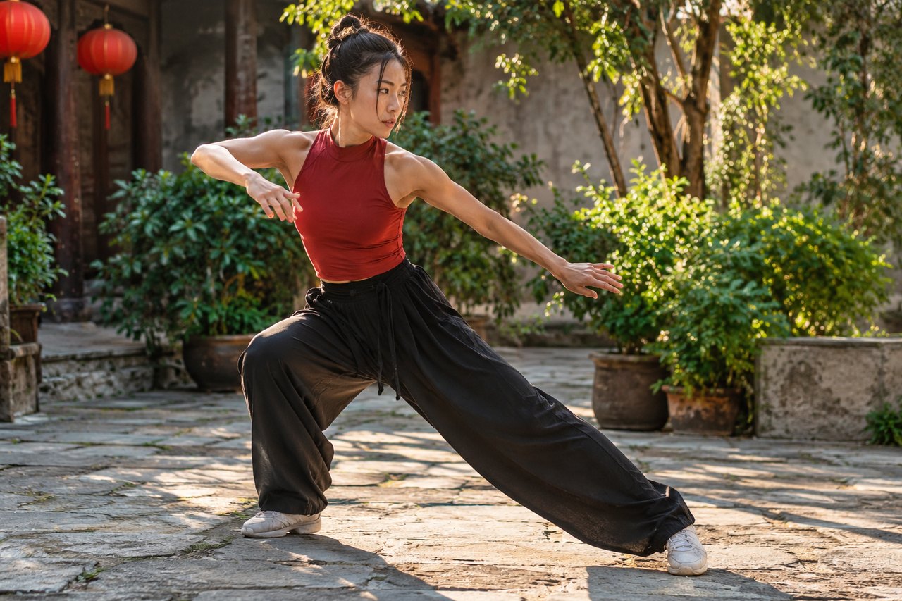 A performer mid-dodge in a bright rehearsal room, trailing foot lifted, arms relaxed