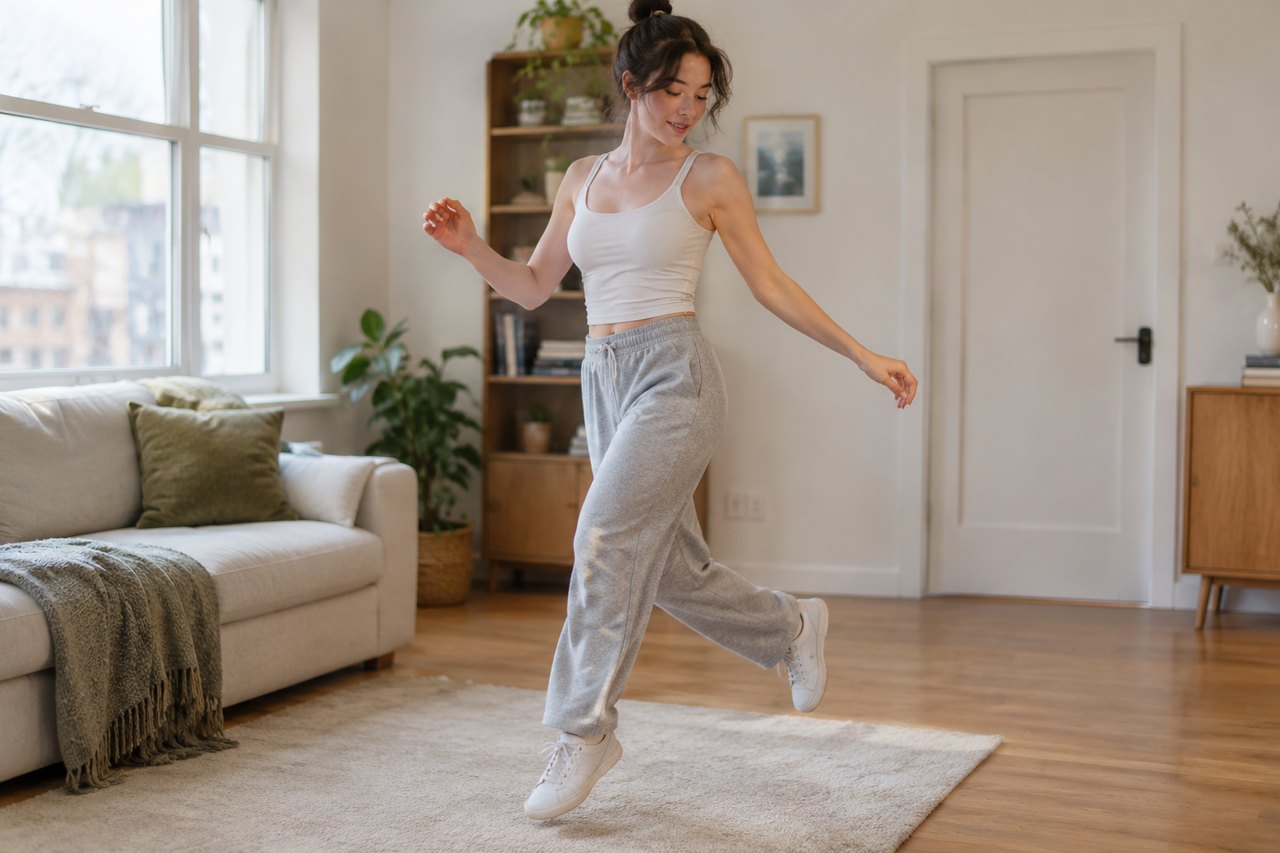 A vertical frame of a performer stepping sideways in a sunlit room, motion blur on the trailing foot
