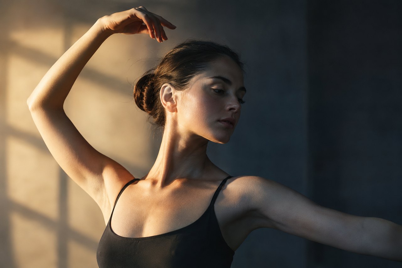A performer mid side-step in a bright studio, clean frame, no filter distortion