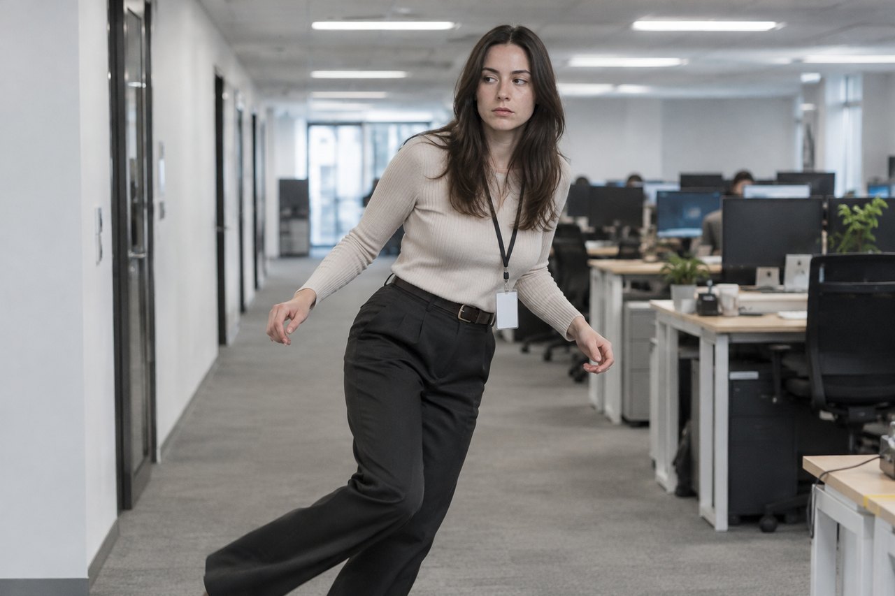 A performer doing a deadpan side-step in a modern office corridor, colleagues blurred in the background