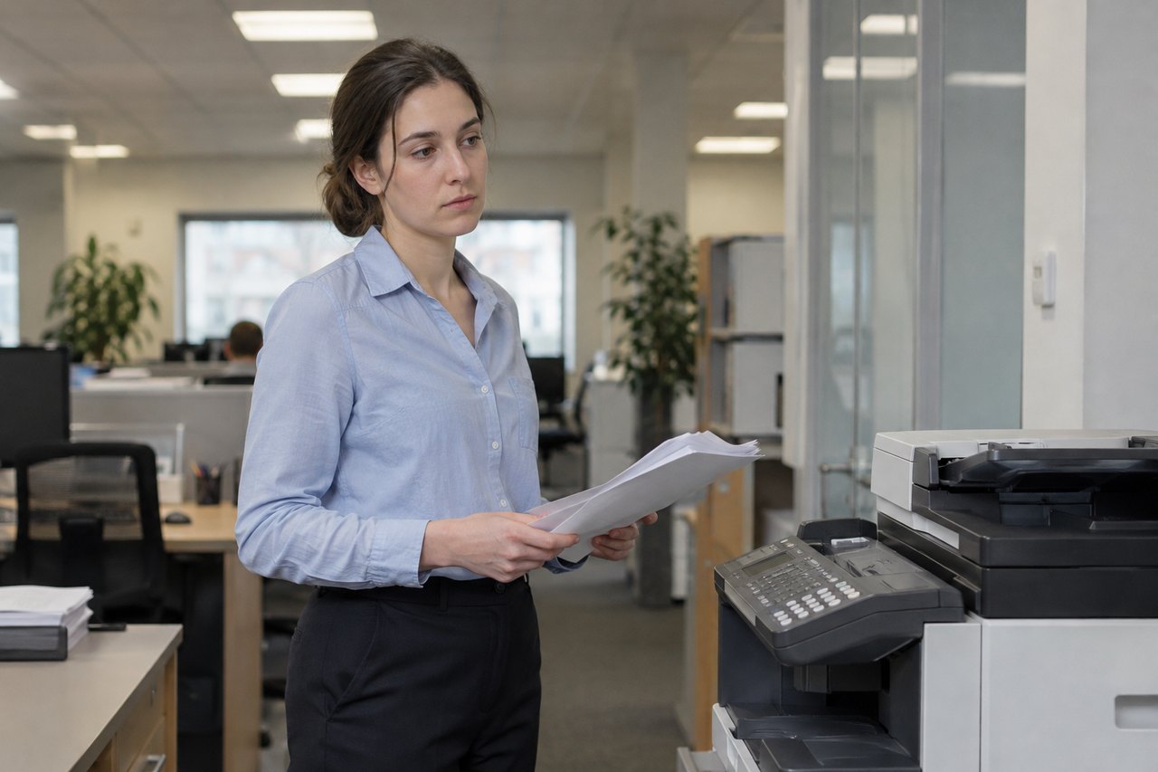 A deadpan employee finishing a head sway beside a desk, colleagues blurred in the background
