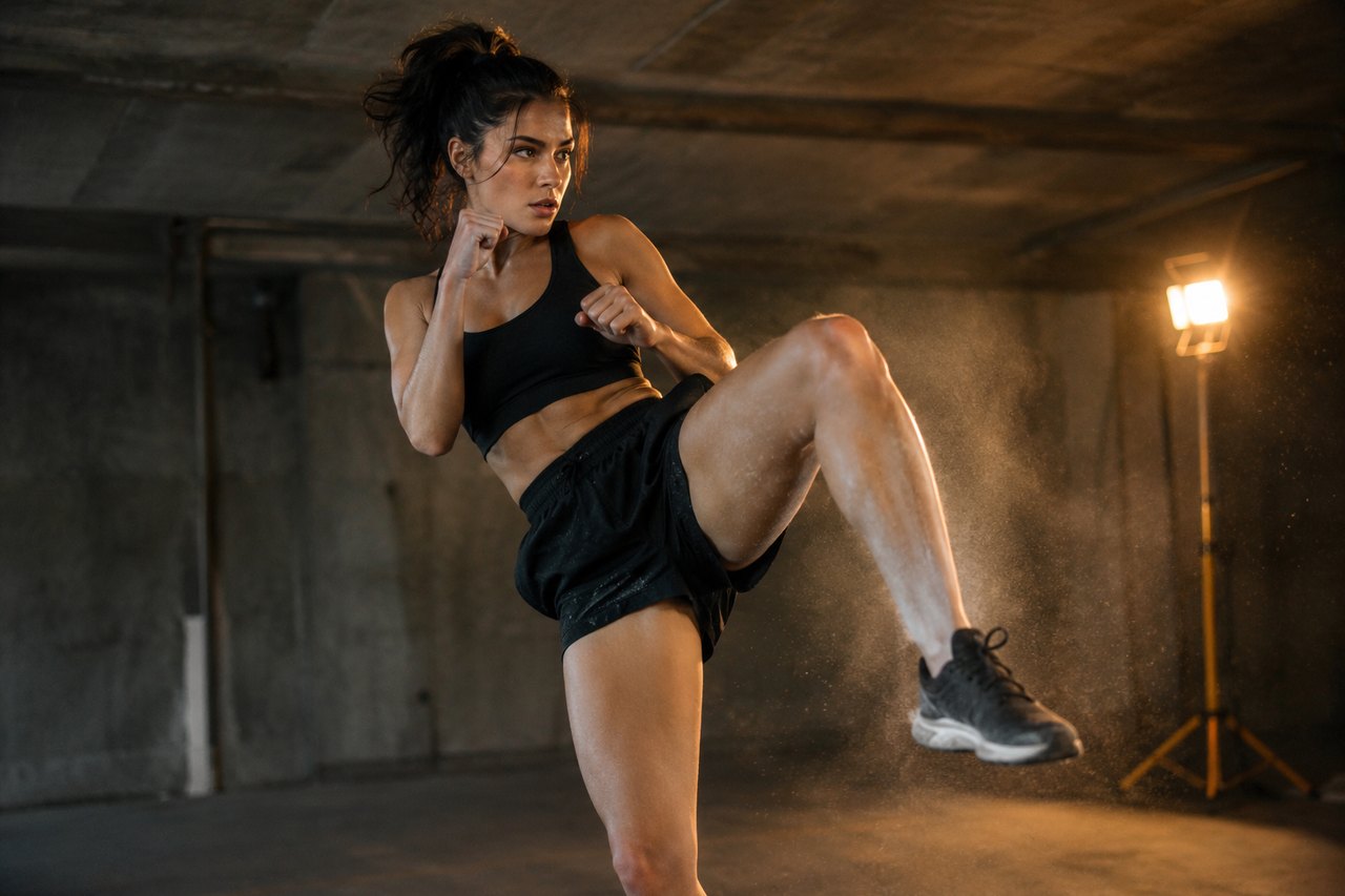 A vertical AI render of a dancer in a rainy street, warm shop lights behind, mid-kick
